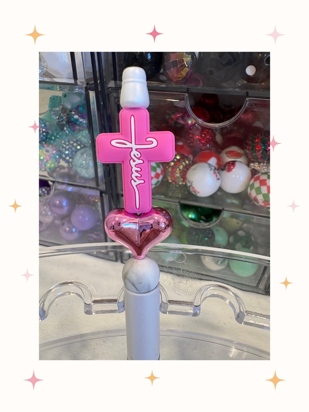 Handcrafted Pink Cross Beaded Pen with Heart Accent - Faith-Inspired